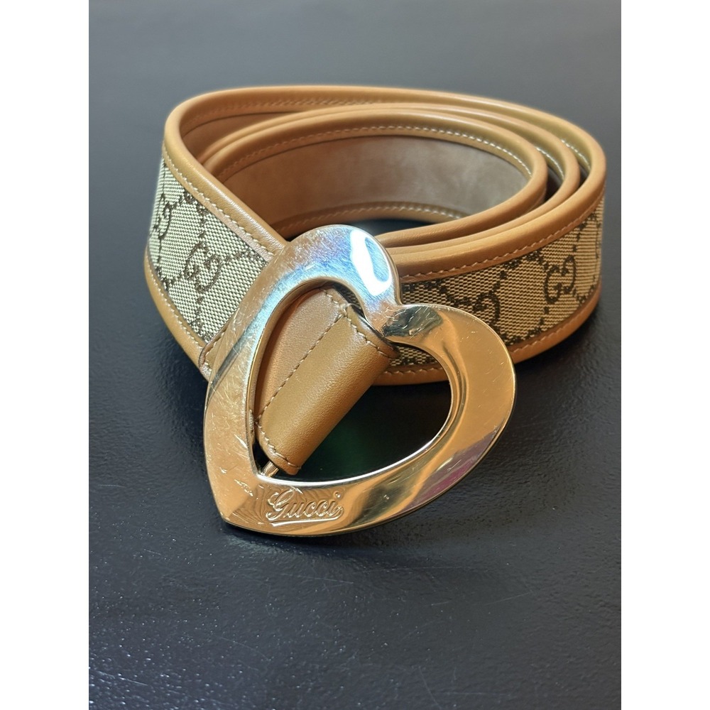 GUCCI Heart Belt Lovely Heart Buckle locking Leather GG Canvas Brown 90/36